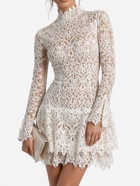 Jonathan Simkhai Bridal Lace Mini Dress Mock Neck Long Sleeve Ivory Size 2